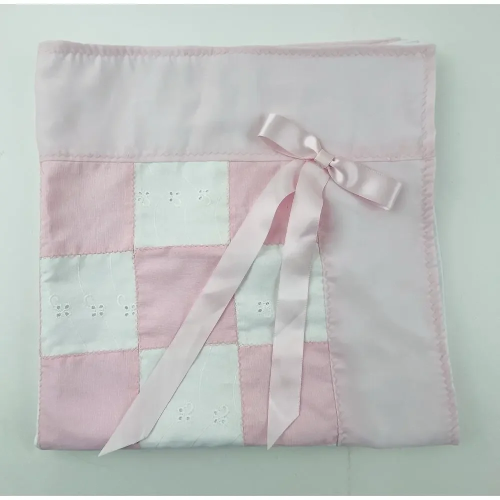 Pink Quilted Blanket Wall Hanging Handmade Country Cottage Baby Bow Eyelet Lace